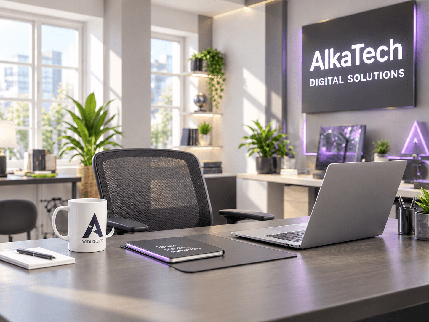 Bright modern AlkaTech office with a laptop, branded signage, plants, and a welcoming workspace